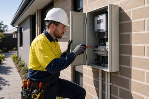 person working on a meter box outside a house