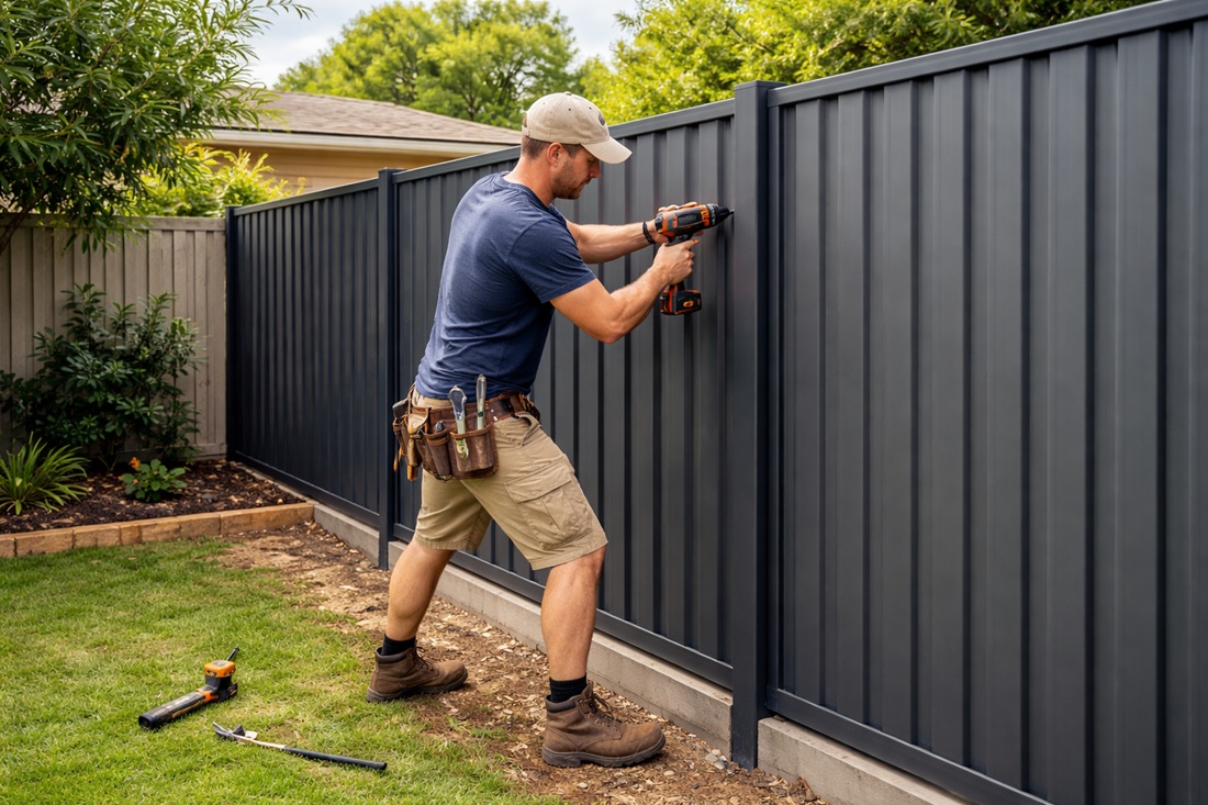 Colorbond fence being installed by a man in Perth, WA