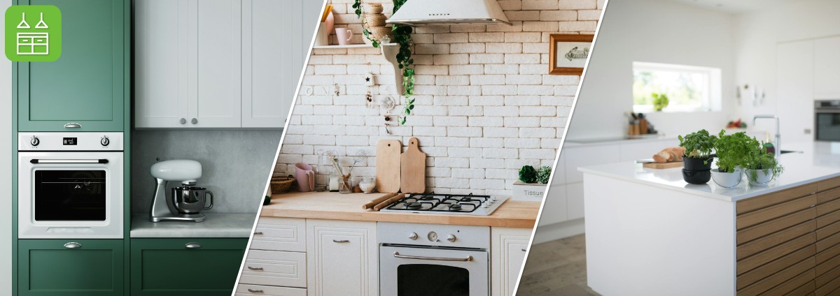 banner showing three different kitchen cabinets